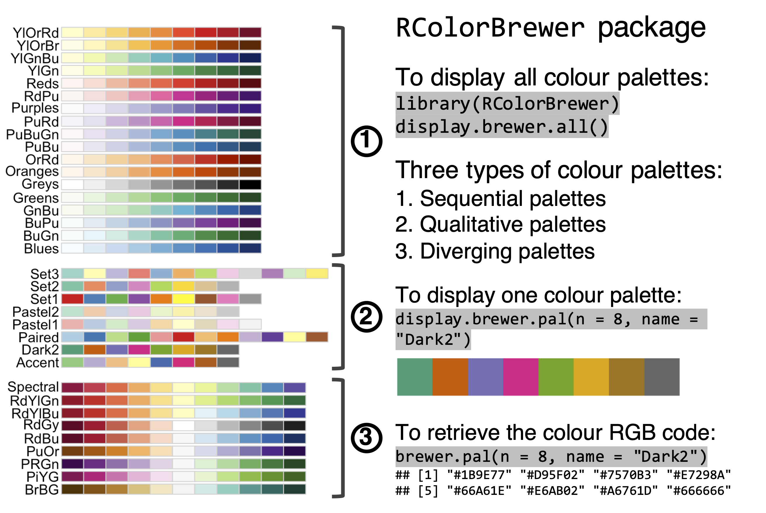 The RColorBrewer package contains several colour palettes, which can be queried and used in data visualisation in R.