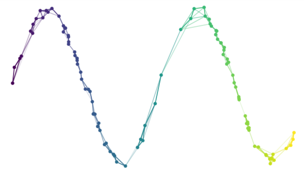 In UMAP, a graph representation of the input high-dimensional data is created and then projected into a lower-dimensional space while trying to maintain the structure of the original graph. Image taken from https://umap-learn.readthedocs.io/en/latest/how_umap_works.html