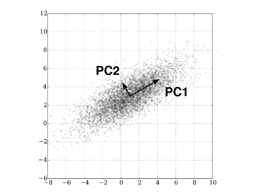 PCA rotates the data to align with principal components which maximizes the variance. In this 2D example, majority of the variance lies along the bottom-left-to-top-right diagonal, corresponding to PC1.