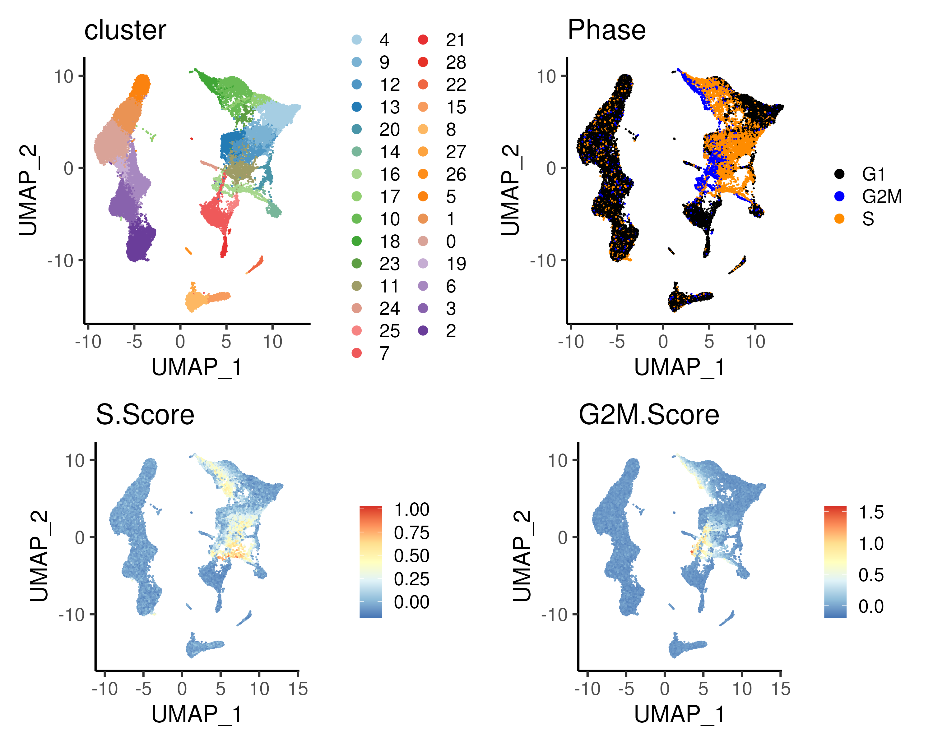 (Top left) clusters and (Top right) predicted cell cycle phase for the bone marrow dataset plotted on UMAP space. The cell cycle phase is predicted using both the S.Score (Bottom left) and G2M.Score (Bottom right); see text for more details. Notably, the CD34+ progenitor cells are predicyed to be cycling with the exception of cluster 4 which is the HSC cell population.